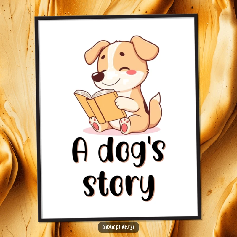 Funny digital art print of a cute dog character wagging its tail excitedly while reading a story, perfect for readers.