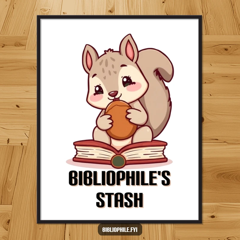 Funny digital art print of a cute squirrel character hiding a nut inside a book, perfect for wall decor.