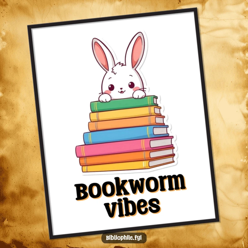 Funny rabbit peeking over book stacks on a digital art print, conveying literary curiosity with humor, ideal for wall decor.