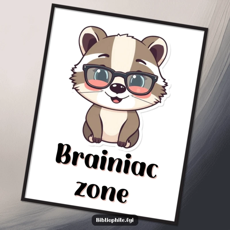 Funny digital art print of a cheerful badger character with reading glasses, exuding studious and amusing charm.