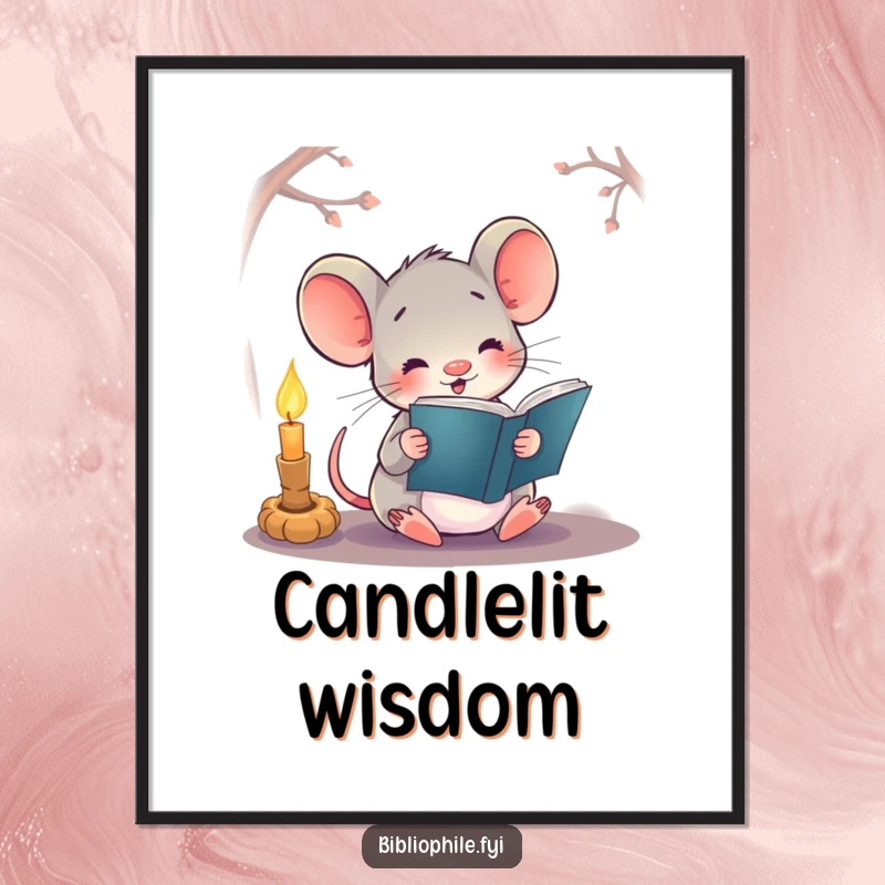 Funny digital art print of a happy mouse reading a book by candlelight, ideal for wall decor.