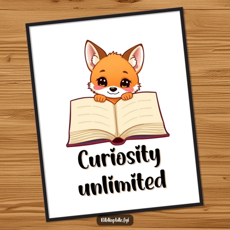 Funny curious fox puppy peeking from behind a large book, as a digital art print for vibrant decor.