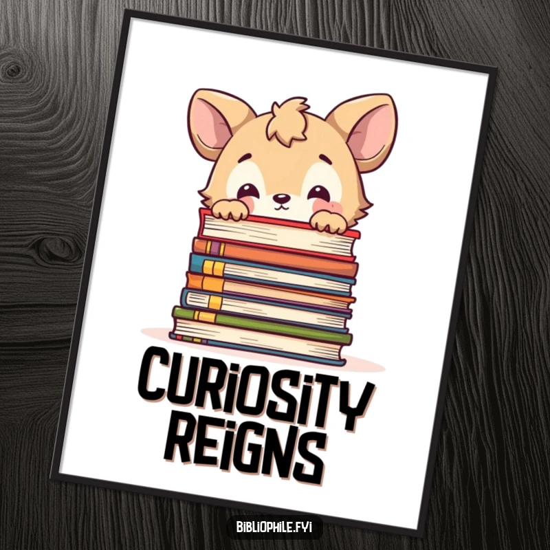 Funny digital art print of a cute animal character curiously peeking over a large stack of books, embodying wonder.