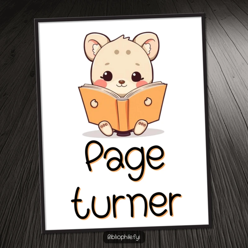 Funny digital art print of a cute animal character happily reading an oversized book, radiating joy and contentment.