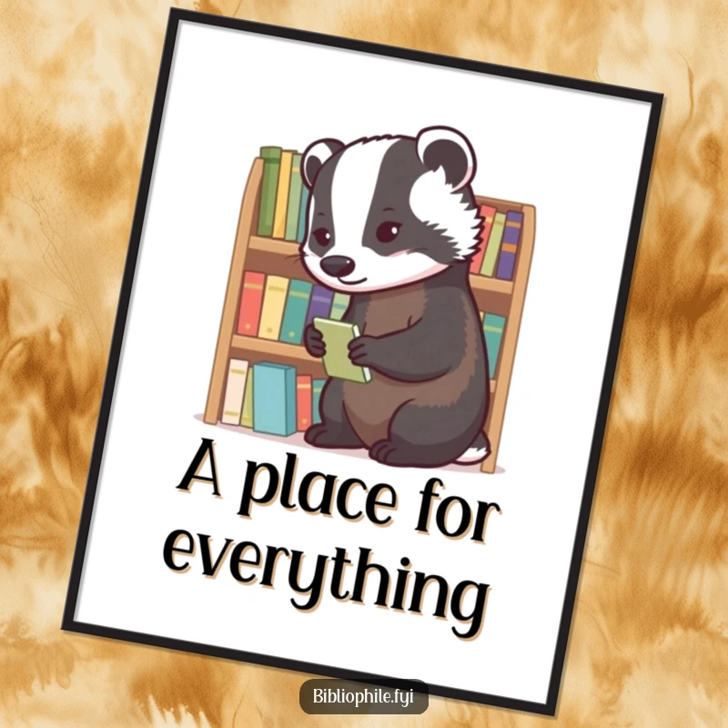 Diligent badger meticulously organizing tiny novels, printable digital art for neat decor.