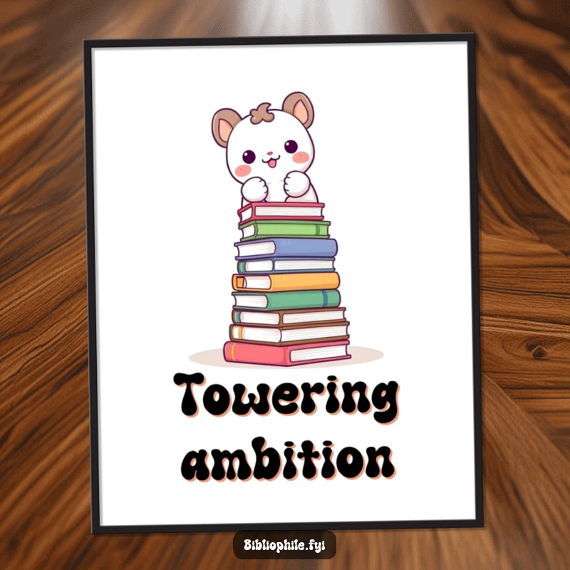 Funny digital art print of a cute animal character joyfully stacking books into a tower, ideal for instant wall decor.