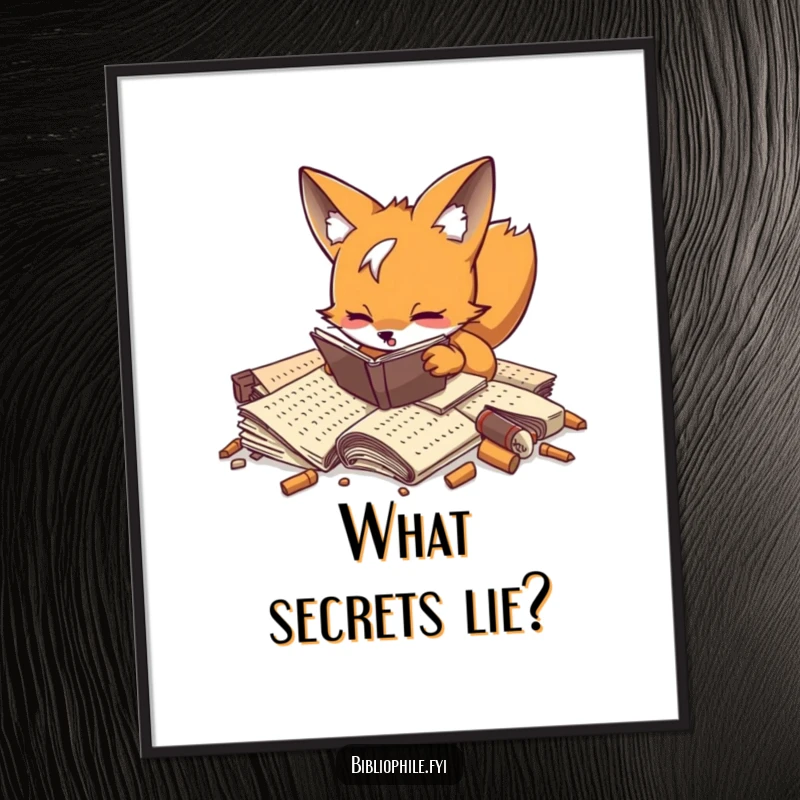 Playful fox enthusiastically digging through forgotten manuscripts, printable digital art for intriguing decor.