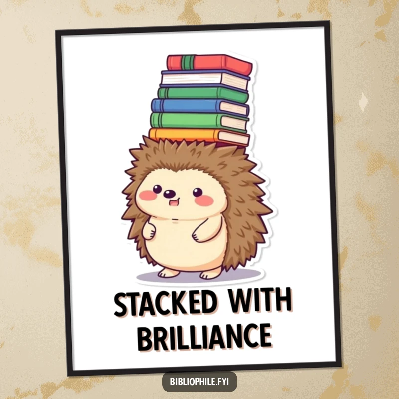 Funny hedgehog digital art, balancing a tower of books on its head, whimsical instant funny gift.
