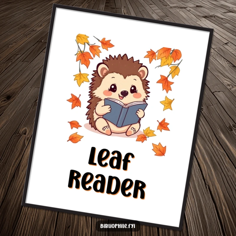 Funny Hedgehog Digital Art Print: A cheerful hedgehog reads a book surrounded by fallen leaves, offering cozy autumn decor.