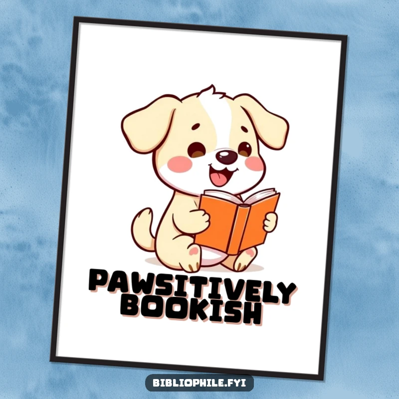 Funny kawaii dog character wagging its tail excitedly while holding a storybook, as a downloadable and humorous digital art print.