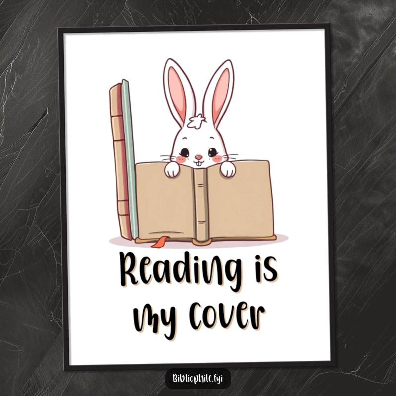 Funny digital art print of a mischievous rabbit character hiding behind a giant book, capturing playful secrecy and a love for hidden stories.
