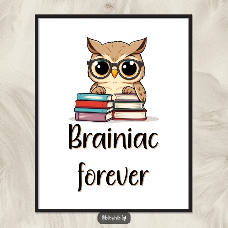 Funny owl wearing spectacles, engrossed in a stack of books, as a digital art print for home decor.