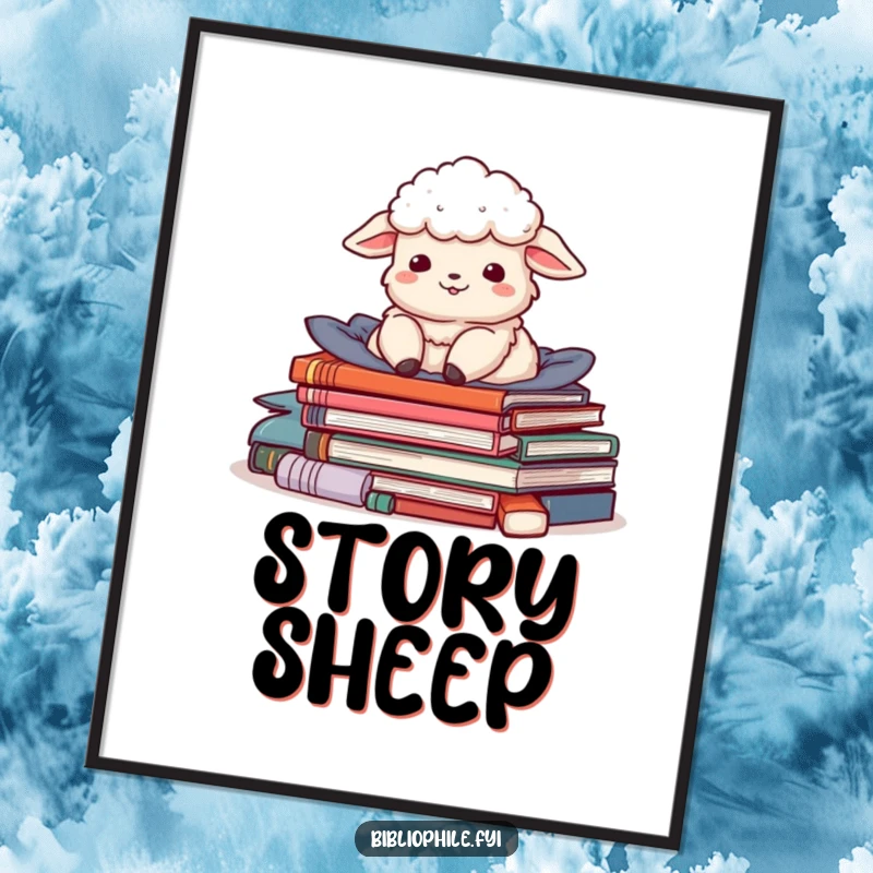 Funny digital art print of a delighted sheep character nestled in a pile of stories, exuding cozy and whimsical charm.