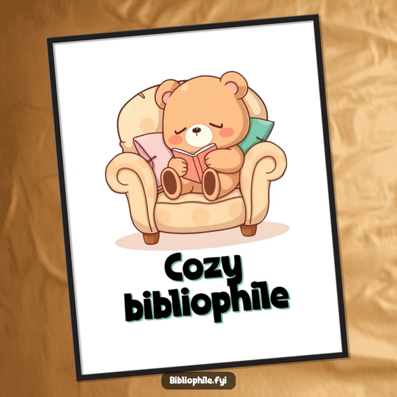 Funny Sleepy Bear Digital Art Print of a sleepy bear character curled up on a comfortable armchair made of pillows, reading, printable decor.