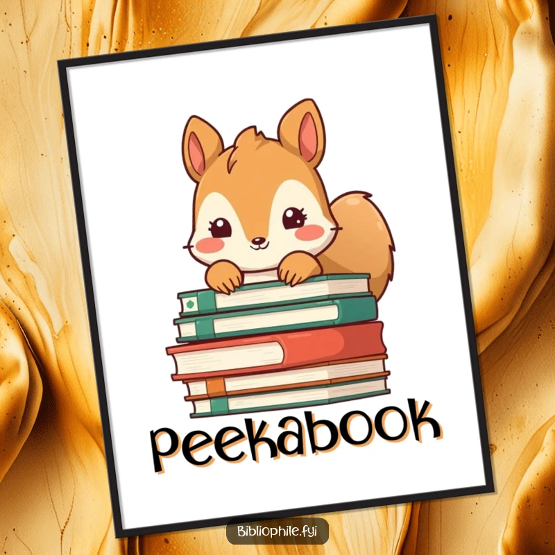 Funny Squirrel Digital Art: Squirrel peeking from behind books, whimsical and charming printable decor.