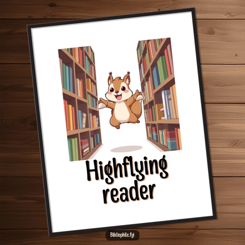 Funny digital art print of an energetic squirrel character leaping between bookshelves, capturing the thrill of exploration and dynamic movement.