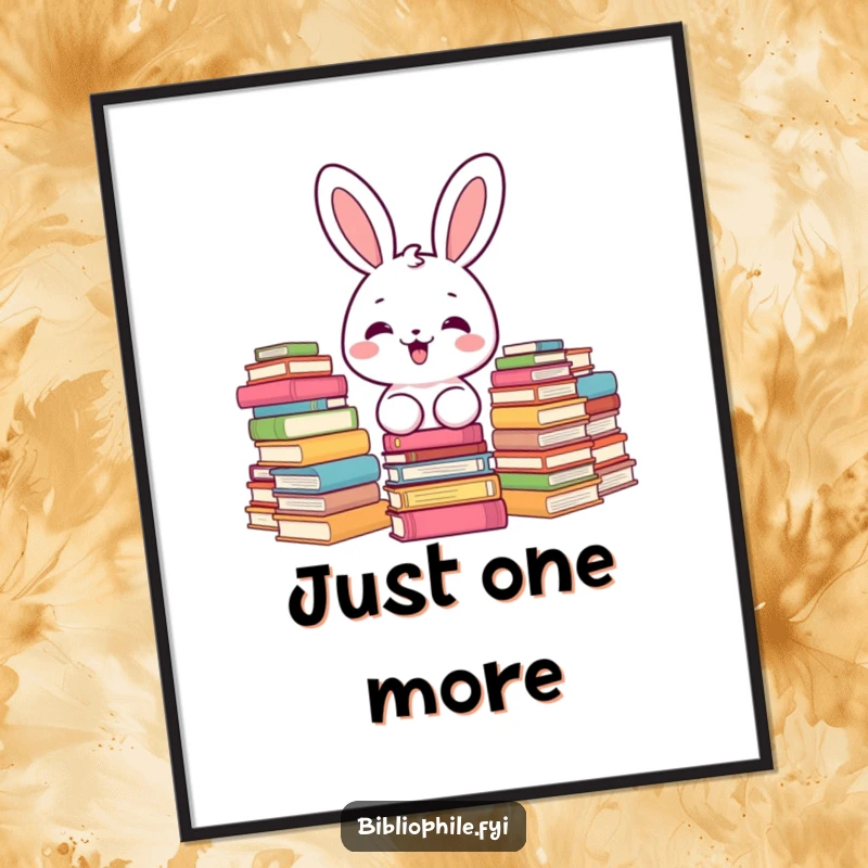 Funny kawaii bunny character delighted by stacks of books, available as a downloadable digital art print.