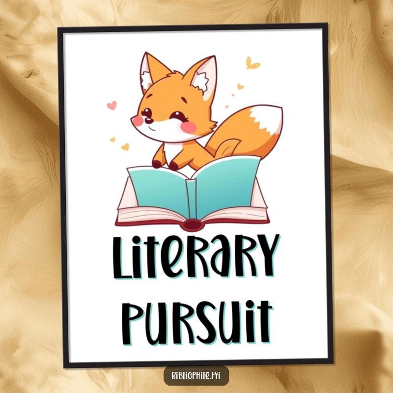 Funny Fox Digital Art Print of a playful fox character chasing a fluttering bookmark through an open page, printable decor.