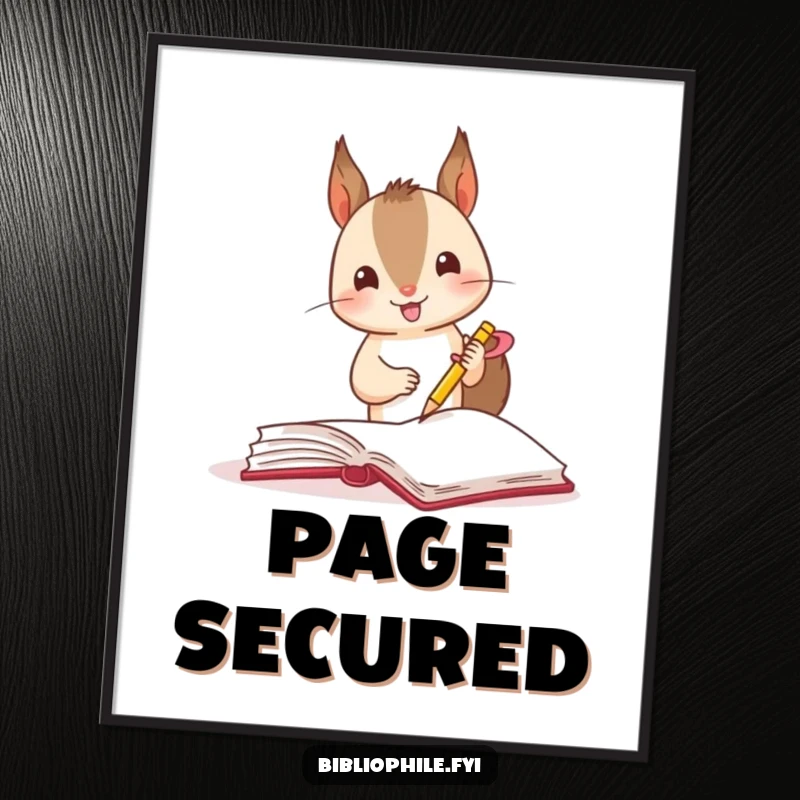Funny squirrel excitedly marking a page with a ribbon in a book, as a digital art print.