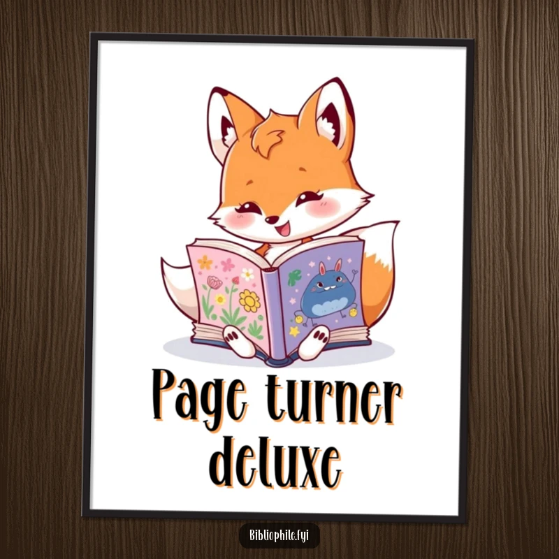 Funny fox character engrossed in a book, presented as a digital art print for humorous wall decor, ideal for book lovers.