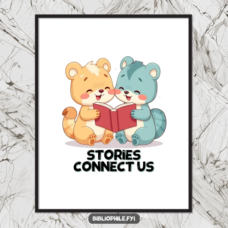 Funny digital art print of a cute animal character enthusiastically sharing a book with another, ideal for instant wall decor.
