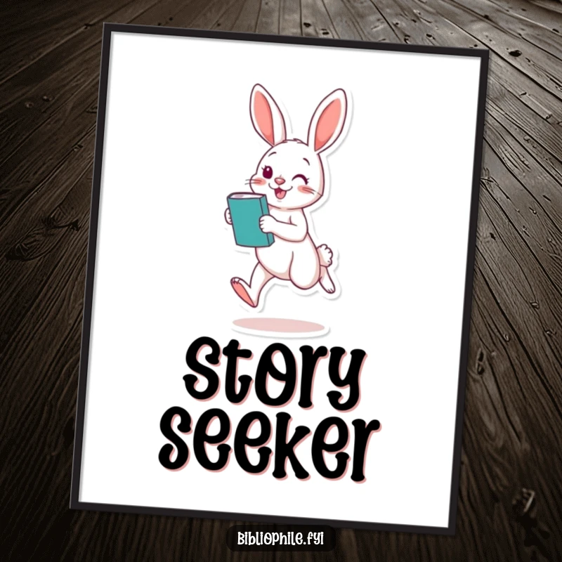 Funny Rabbit Digital Art Print: A playful rabbit hops excitedly with a book, offering whimsical literary decor and instant charm.