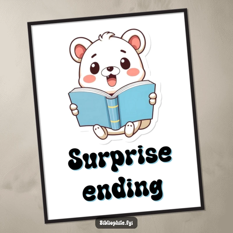 Funny digital art print of a cute animal with a surprised expression holding a pop-open book, representing reading's unexpected moments.