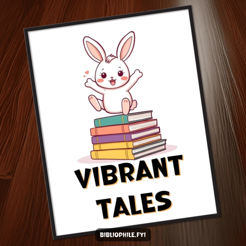 Funny Rabbit Digital Art Print of an energetic rabbit character bouncing excitedly on a pile of storybooks, printable decor.