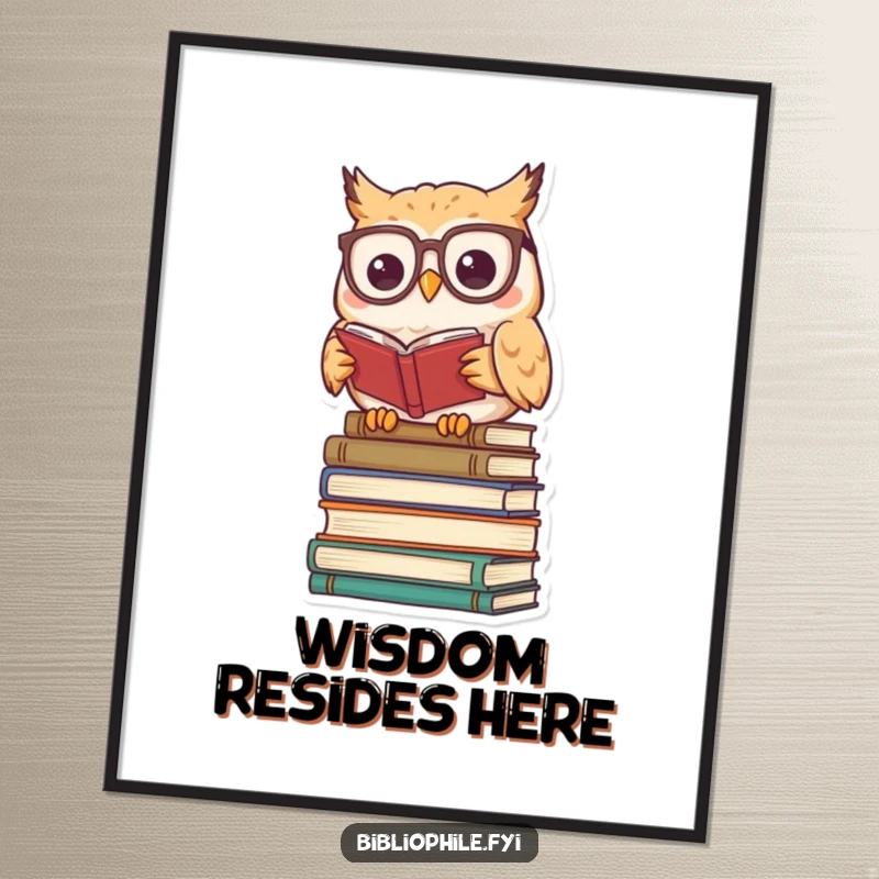 Funny kawaii owl character wearing reading glasses, perched on books, available as a downloadable digital art print.
