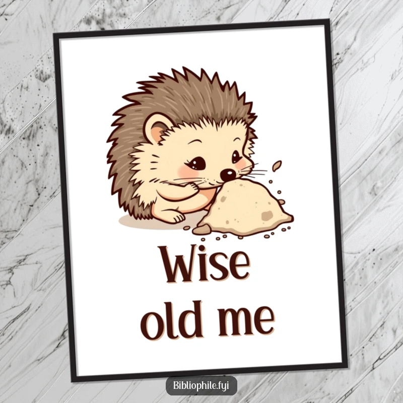 Funny digital art print of a curious hedgehog character sniffing a dusty tome, capturing the charm of discovery and intellectual exploration.