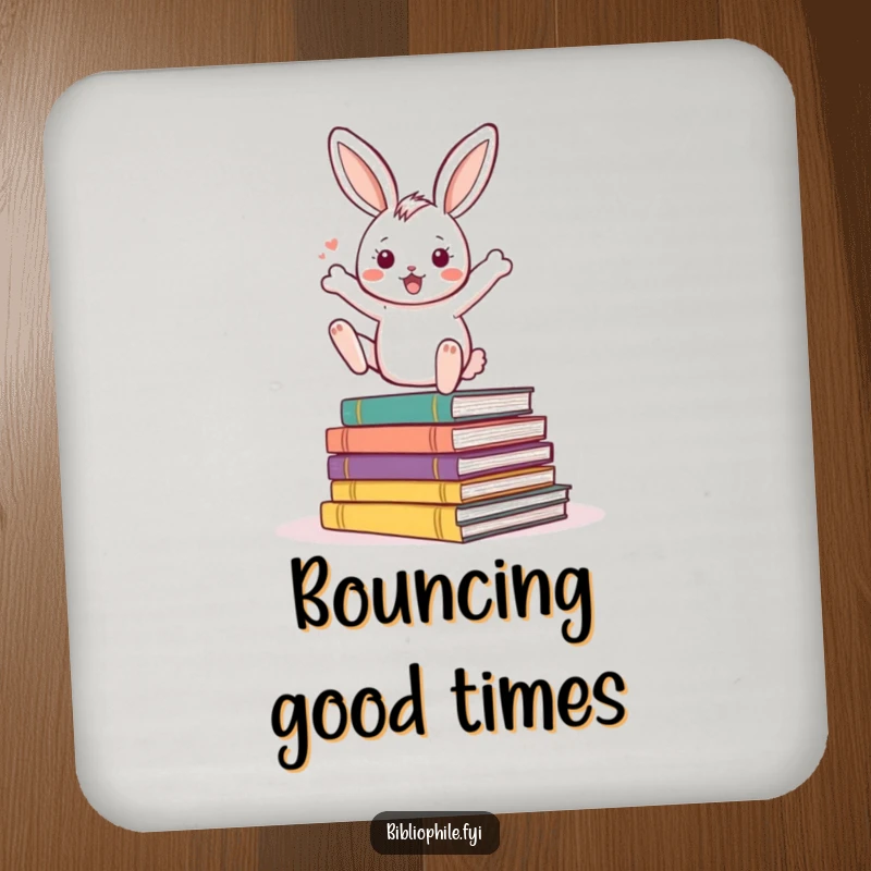 Funny Rabbit Coaster featuring an energetic rabbit character bouncing excitedly on a pile of storybooks, protecting furniture.