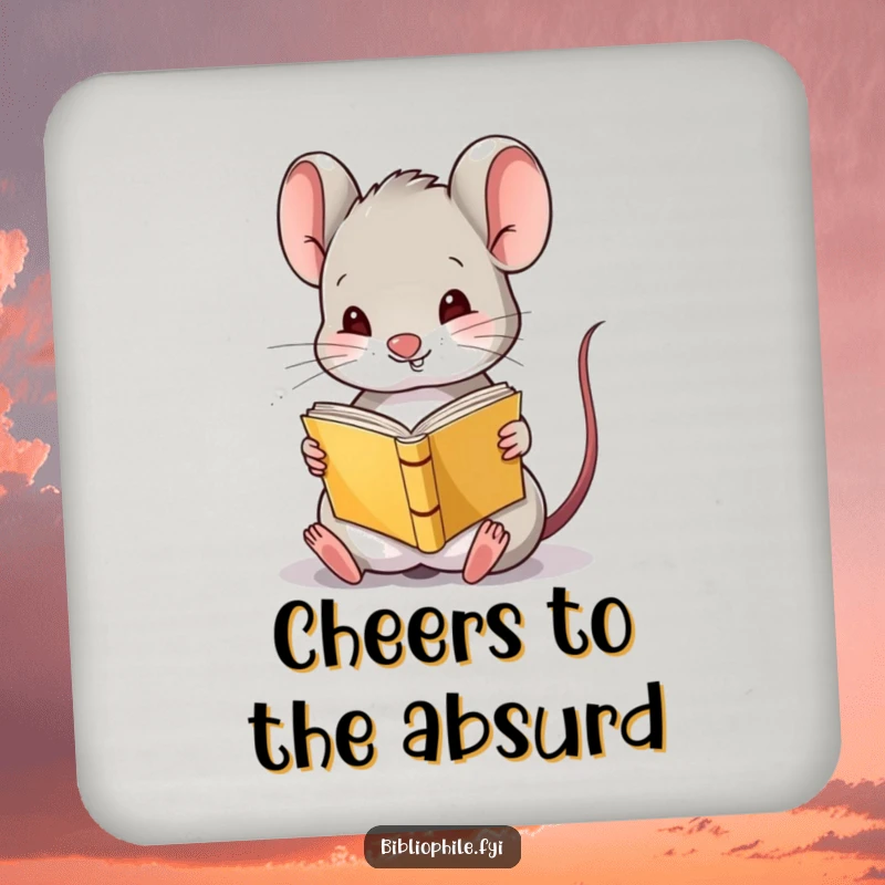 Funny Mouse Coaster set featuring a cute mouse character amusingly reading a tiny book upside down, adding whimsical protection.
