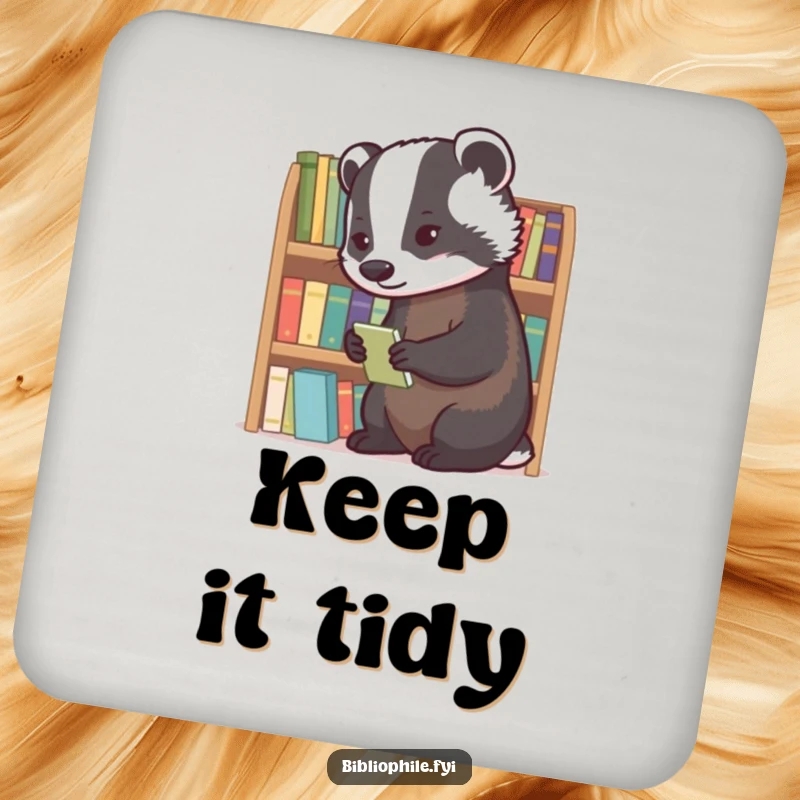 Diligent badger meticulously organizing tiny novels on drink coasters.