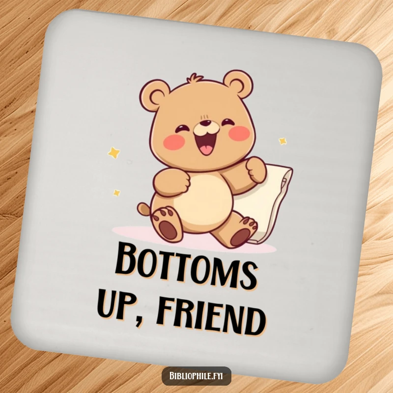 Funny drink coaster showcasing an excited bear character turning a large book page, adding a humorous touch to any table setting.