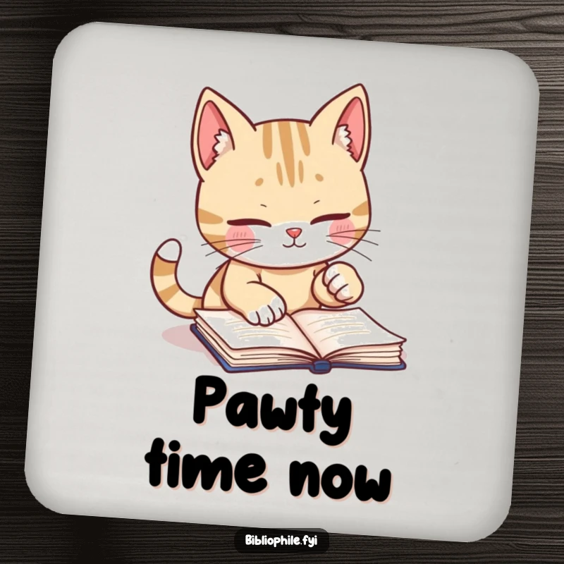 Funny drink coaster with a cute cat character diligently marking a book page with its playful paw, adding charm.
