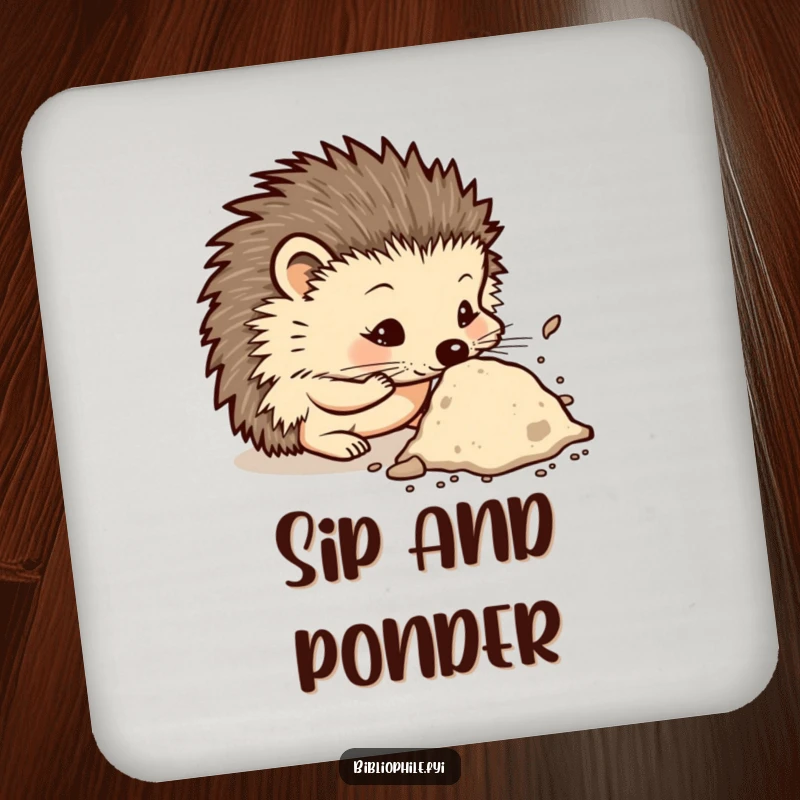 Funny drink coaster showing a curious hedgehog character sniffing a dusty tome, adding an intellectual and charming touch to any table.