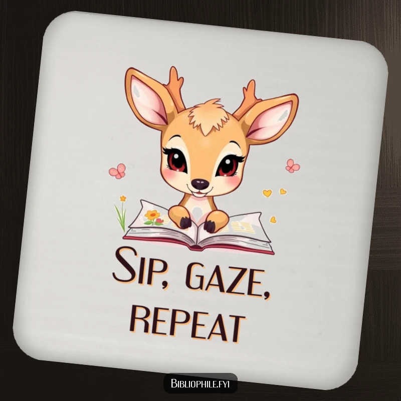Funny coasters with a charming deer gazing at illustrated pages, protecting surfaces with artistic flair.