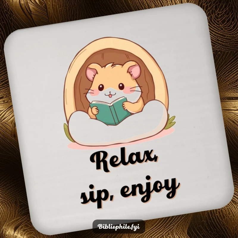 Funny hamster contentedly nestled in a reading nook, designed on a round drink coaster.
