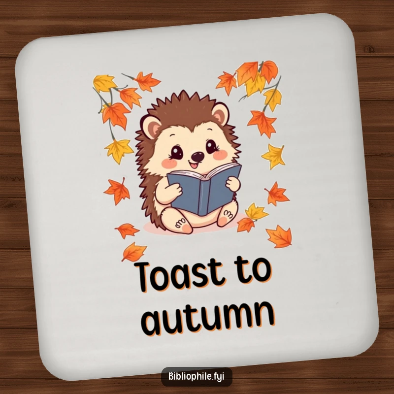 Funny Hedgehog Coaster: A cheerful hedgehog reads a book among fallen leaves, protecting surfaces with cozy charm.