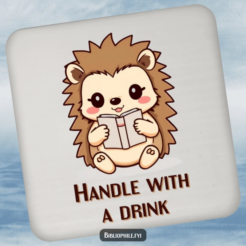 Funny Hedgehog Coaster set featuring a cute hedgehog character carefully carrying a small book, adding adorable protection with humor.