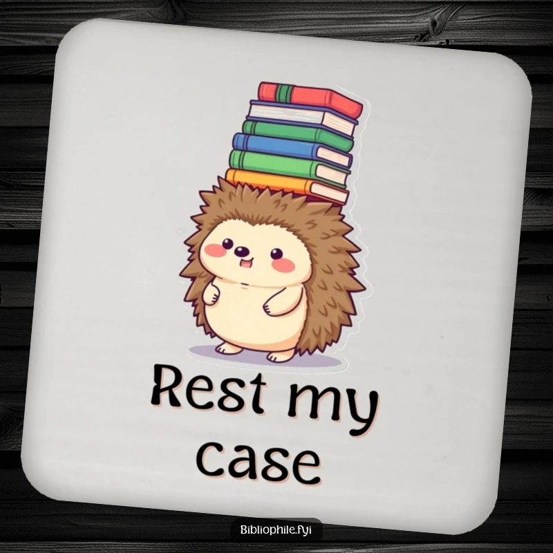 Funny hedgehog coasters, balancing a tower of books on its head, protecting surfaces funny gift.