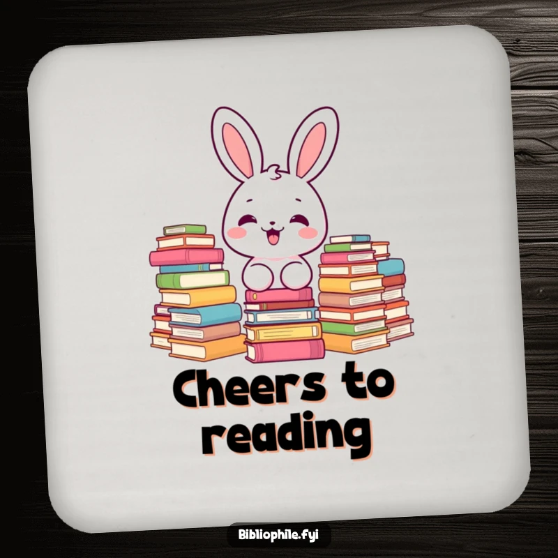 Funny kawaii bunny character delighted by stacks of books, designed on a protective drink coaster.
