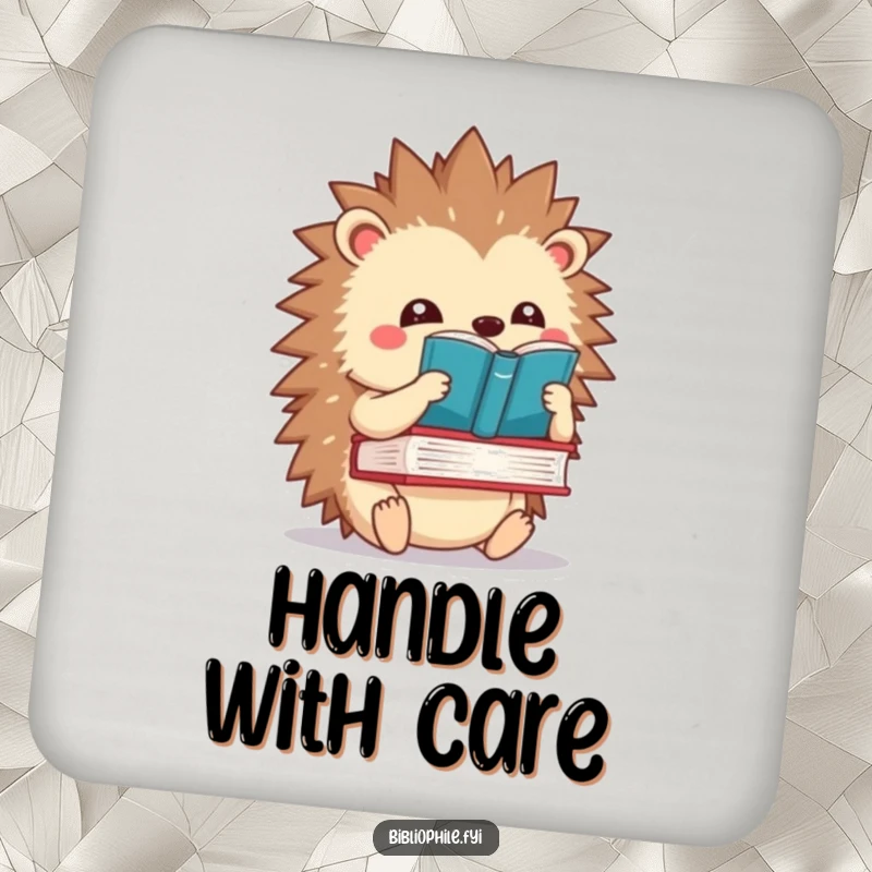 Funny kawaii hedgehog balancing a book on its spines, printed on a set of humorous drink coasters.