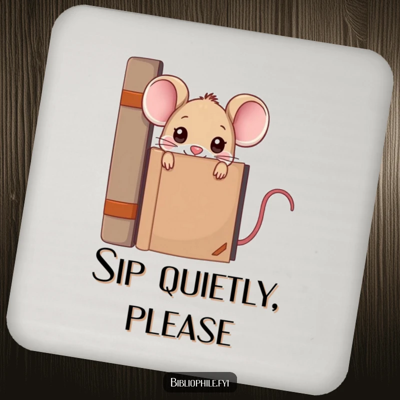 Funny kawaii mouse peeking from behind a large encyclopedia, printed on a set of humorous drink coasters.