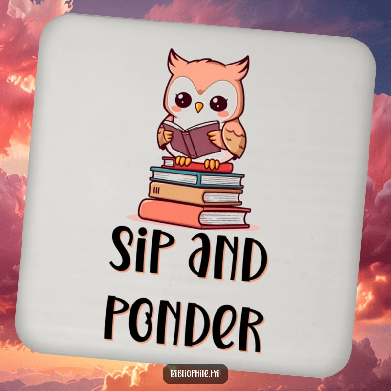 Funny owl drink coasters featuring a reading character, perfect for literary-themed parties and tables.