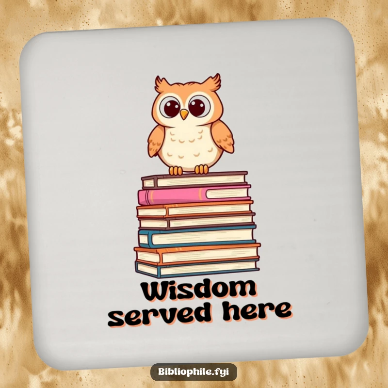 Funny Owl Coaster featuring a cute, stylized owl perched on a stack of oversized books, peering curiously, protecting surfaces.