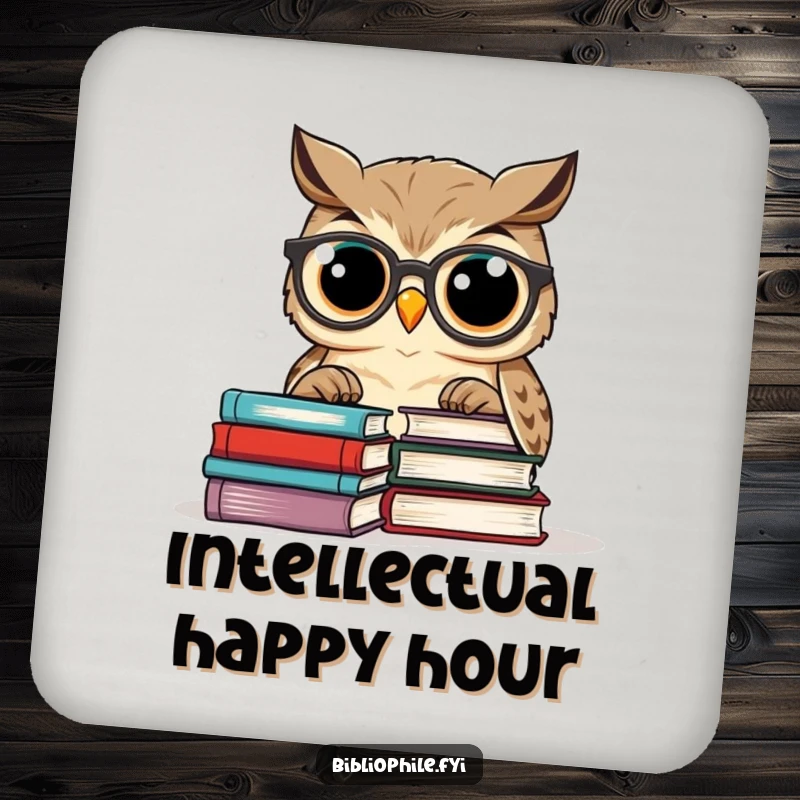 Funny owl with glasses reading a book, on a protective drink coaster, a wise and humorous accessory.