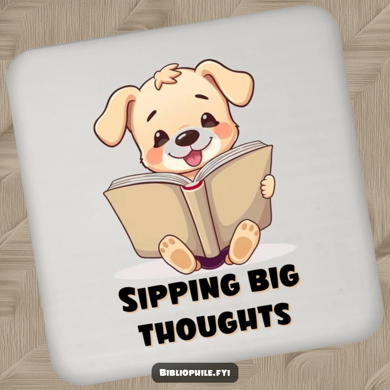 Funny drink coaster featuring a cute puppy character enthusiastically reading a large open book, protecting surfaces humorously.