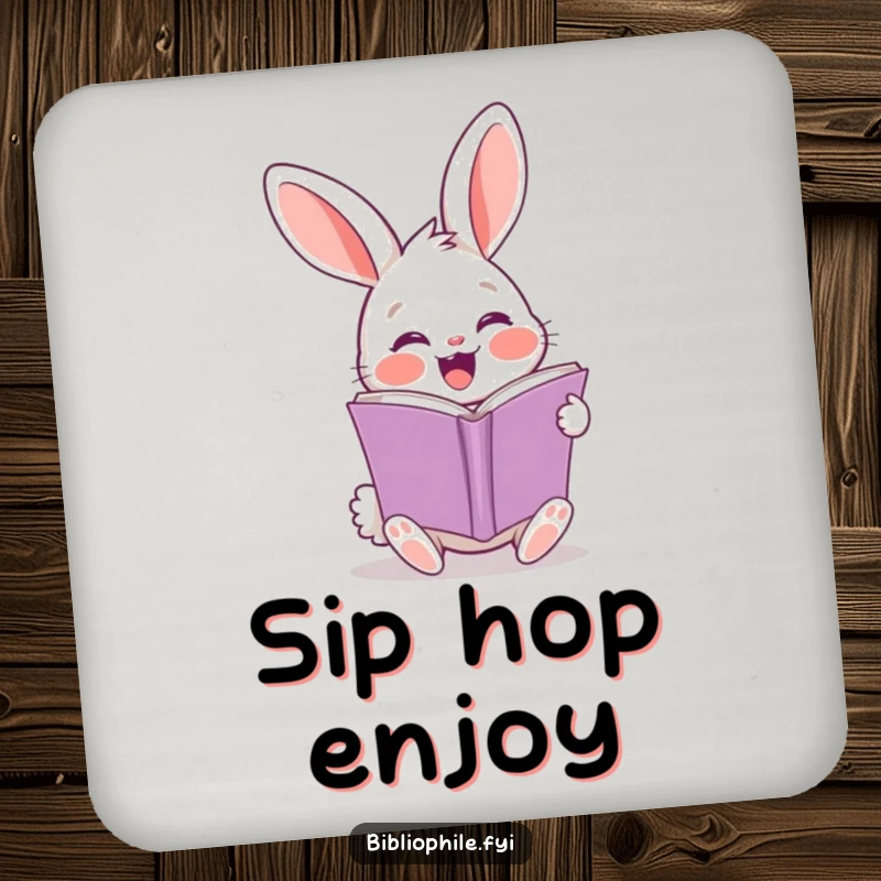 Funny rabbit drink coasters with a cheerful character turning a page, perfect for literary tables.