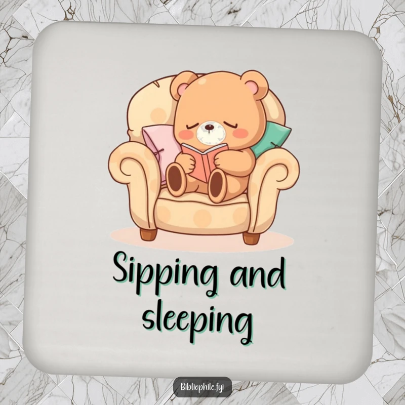 Funny Sleepy Bear Coaster featuring a sleepy bear character curled up on a comfortable armchair made of pillows, reading, protecting furniture.